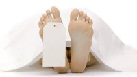 dead body feet with card autopsy isolated on white
