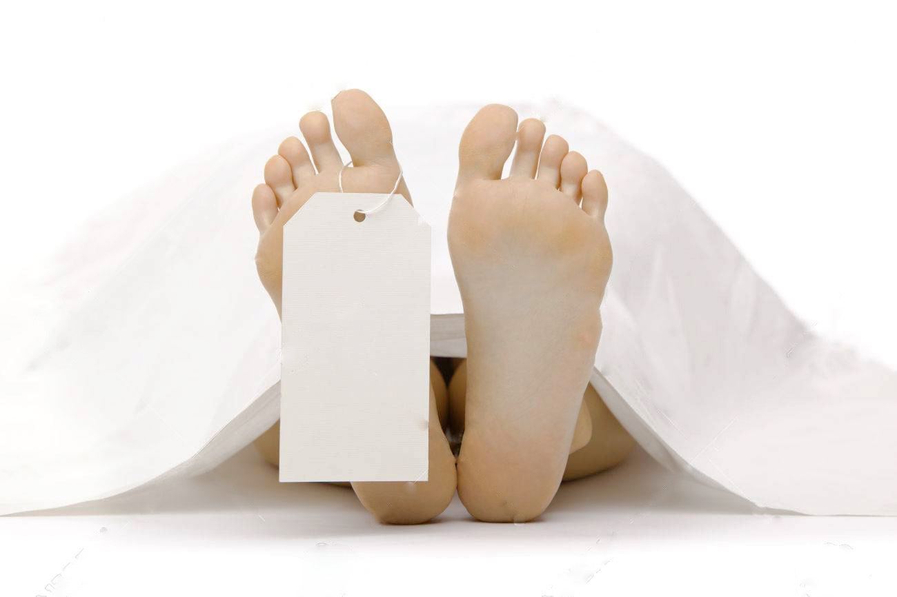 dead body feet with card autopsy isolated on white